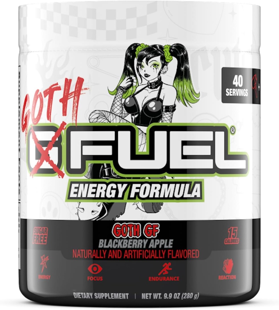 G Palivo Goth GF Energy Drink Powder, Pre Workout Caffeine Powder, Energy Powder Drink Mix for Gaming, Cukr Free Focus Amino, Vitamin + Antioxidanty, 9.9oz (Blackberry Apple, 40 Služeb)