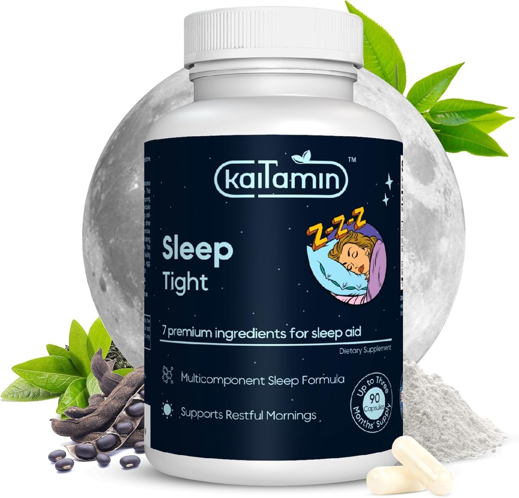 Melatonin Natural Sleep Aid, Theanin, 5-HTP, GABA, Mucuna Pruriens, Phellodendron a hořčík pro podporu spánku a stresu, 90 Kapsle 45 dnů Dodávka - 7 v 1 Spánková pomoc