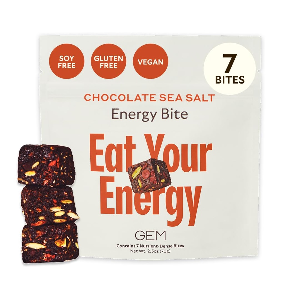 GEM Energy Caffeinated Bite 124; holistic Setrvalá energie 124; Podporuje metabolismus, Stamina & Endurance 124; 40mg Caffeine, Ginseng Root, L- Theanine 124; Chocolate Cacao Sea Salt 124; 7 Servings