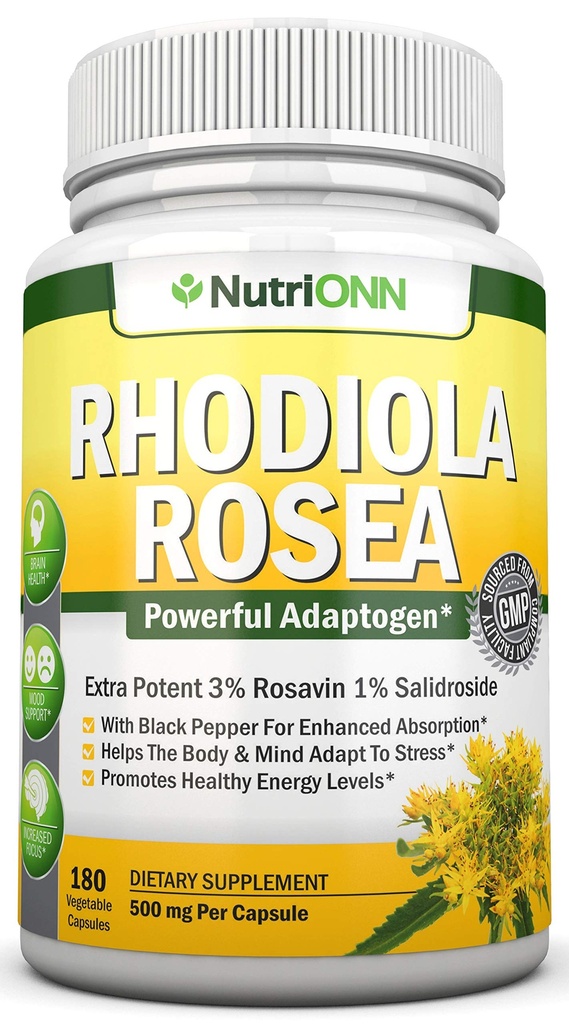 Rhoddiola Rosea - 500mg - 180 Vegan Kapsle - 3% Rosavin 1% Salidroside Extract - Non- GMO - s Black Pepper pro zvětšenou absorpci - 6 měsíční dodávka - dodatek pro energii & Stamina