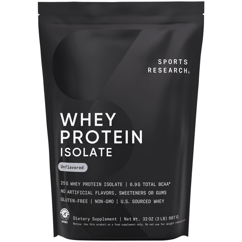 Sports Research® 100% Whey Protein Isolate Unflavored - U.S. Sourced Protein Powder w/BCAAs - No Artificial Flavors or Gums- Informed Sport Tested · Gluten Free - 2lb Bulk Bag, 25 Servings