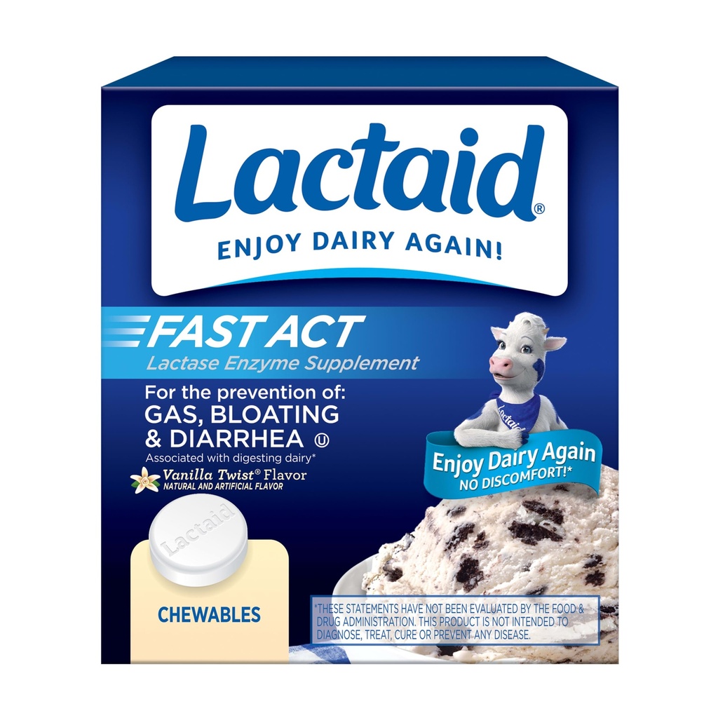 Lactaid Fast Act Intolerance laktózy Relief Chewables with Natural Lactase Enzyme to Prevent Gas, Bloating & Diarrhea Due to Lactosa Sensitivity, On- theGone, Vanilla Twist Flavor, 60 x 1 ct
