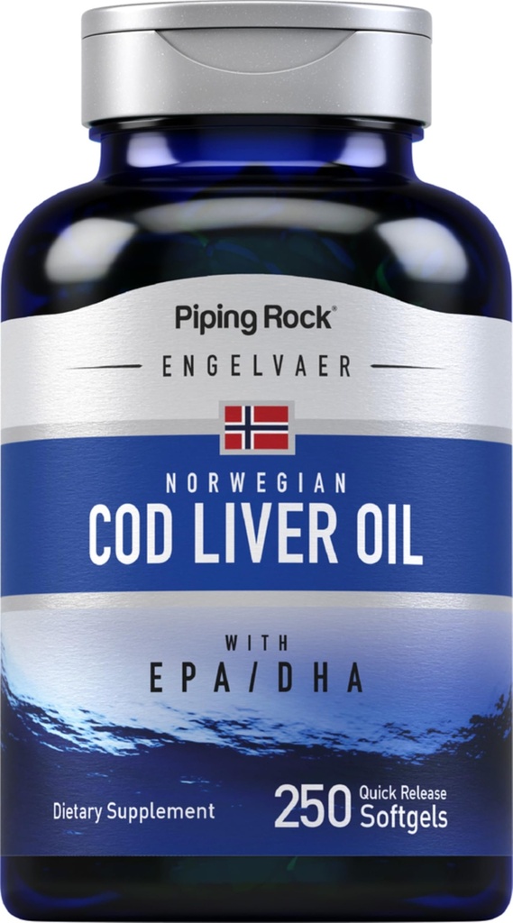 Piping Rock Cod Equipment Oil Softgels 124; 250 Count Ibrahim 124; s EPA DHA Ibrahim 124; Engelvaer Norway Ibrahim 124; Non- GMO, gluten Free Supplement