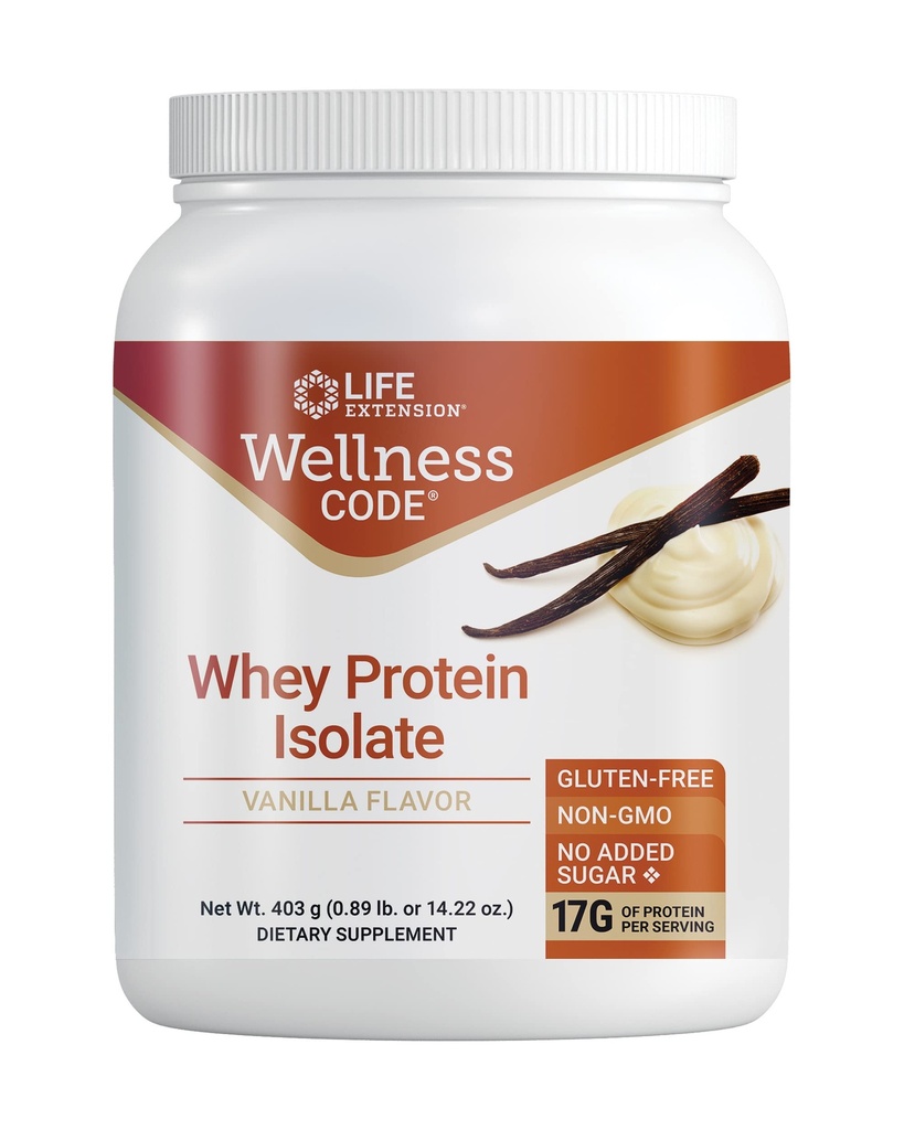 Life Extension Wellness Code ® Syrovátkový proteinový izolát (Vanilla), protein a rozvětvený řetězec aminokyseliny pro růst svalů a imunitního zdraví, bez přidaného cukru, gluten zdarma, Non- GMO, 403 Grams (20 Servings)