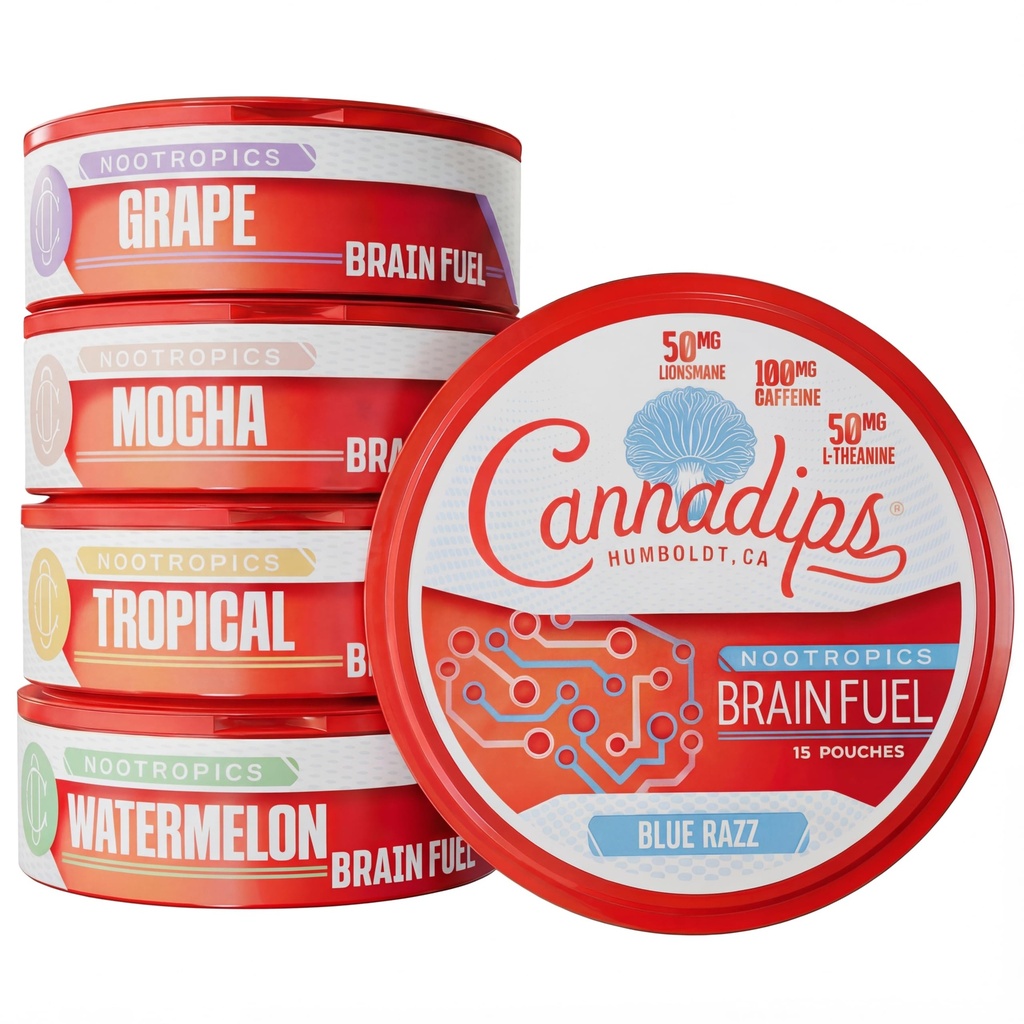 Cannadips - Brain Fuel Variety Pack - Nootropic Caffeine Pouches - 50mg Lion 's Mane, 100mg Caffeine, 50mg L- Theanine, No Sugar - Clean Energy Brain Fuel for Cognitive Performance, Made in USA (5-PACK)