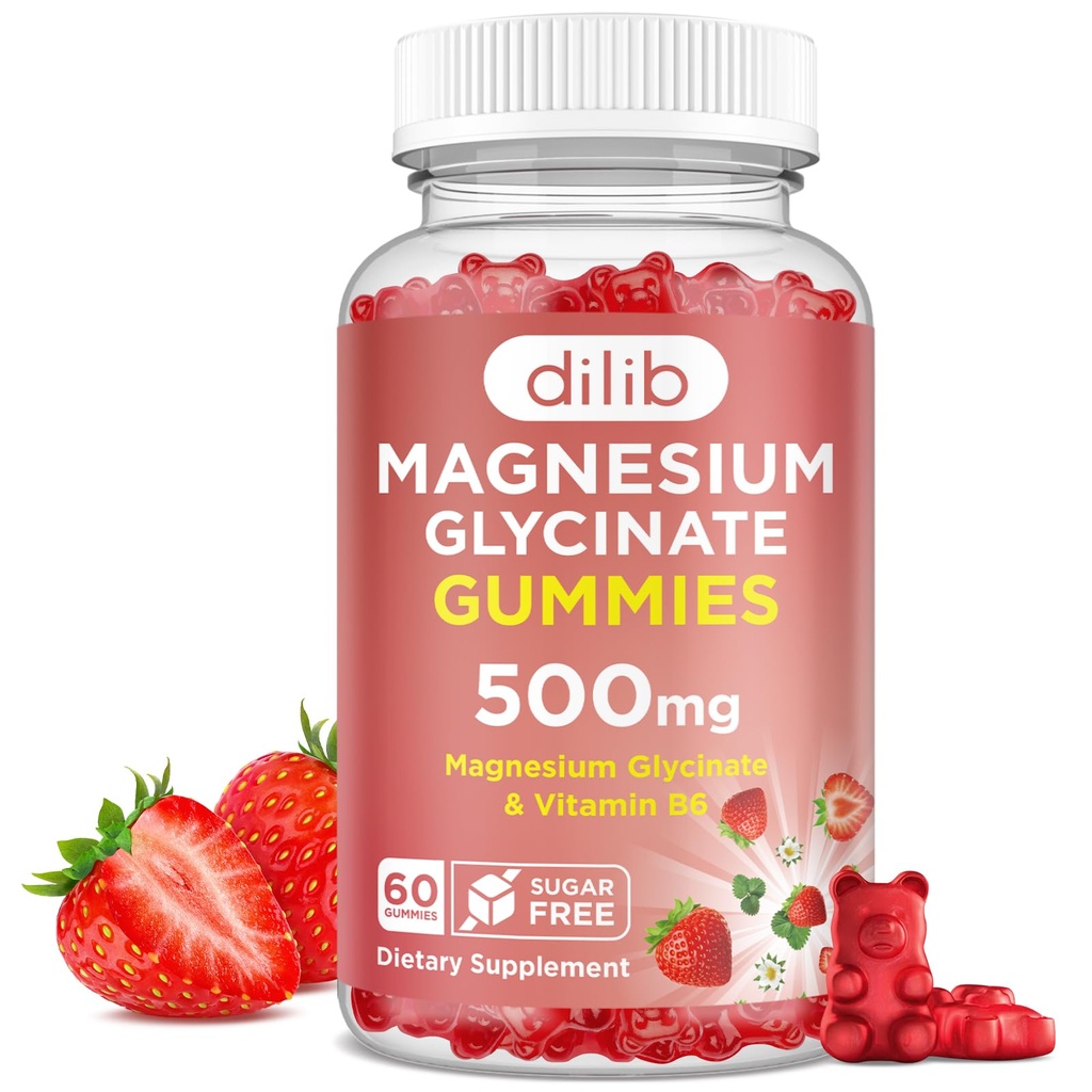 Glycinát hořečnatý Gummies 500 mg - doplněk hořčíku s vitaminem B6 pro dospělé a hořčík pro děti - Klidná hořčík pro spánek, nálada, podpora svalů - Jahodová příchuť, 60 žvýkaček