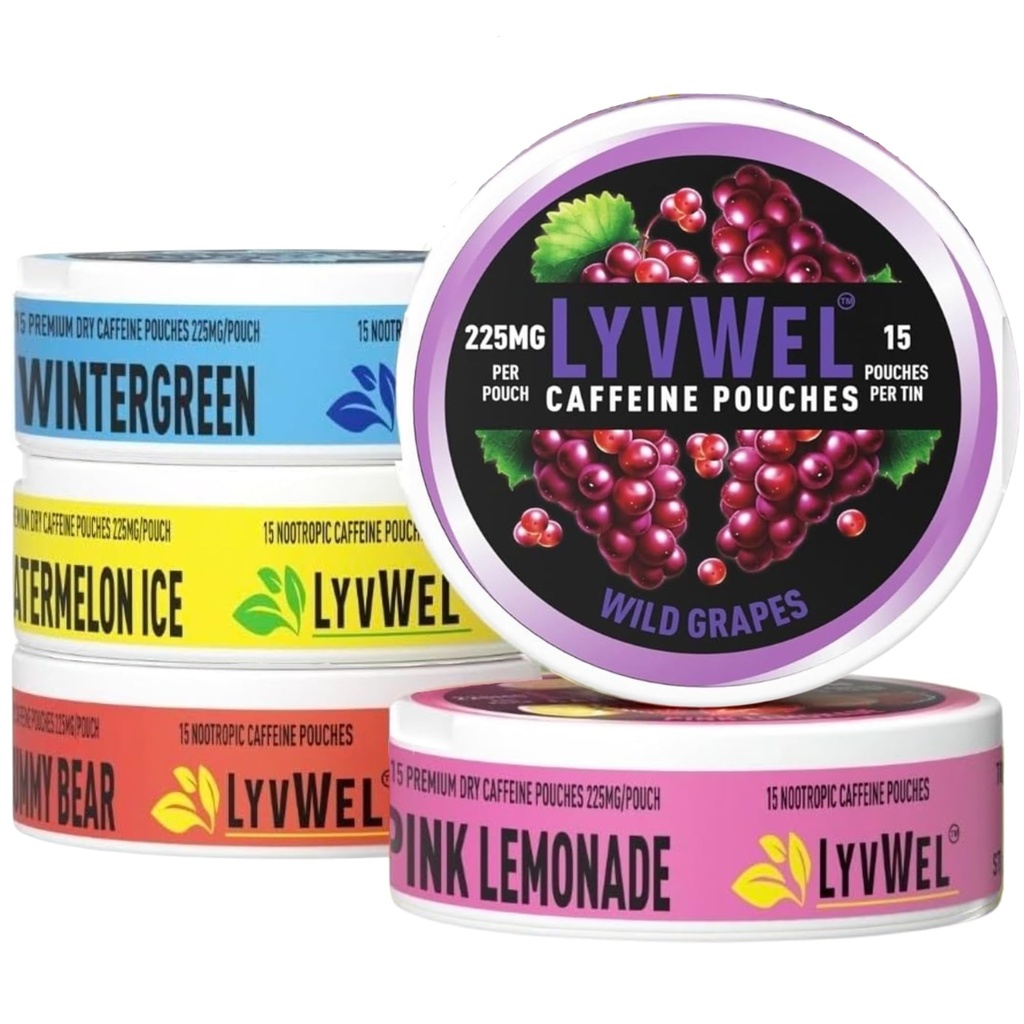 LyvWel 225mg Caffeine Energy Pouches CLAS124; Nootropní Focus & Neuro Support CLAS124; Tobacco- Free, Nicotine-Free, Quick Energy Solution CLAS124; 5- Pack: 60 Pouches (5 Pack, Multi- Pack)