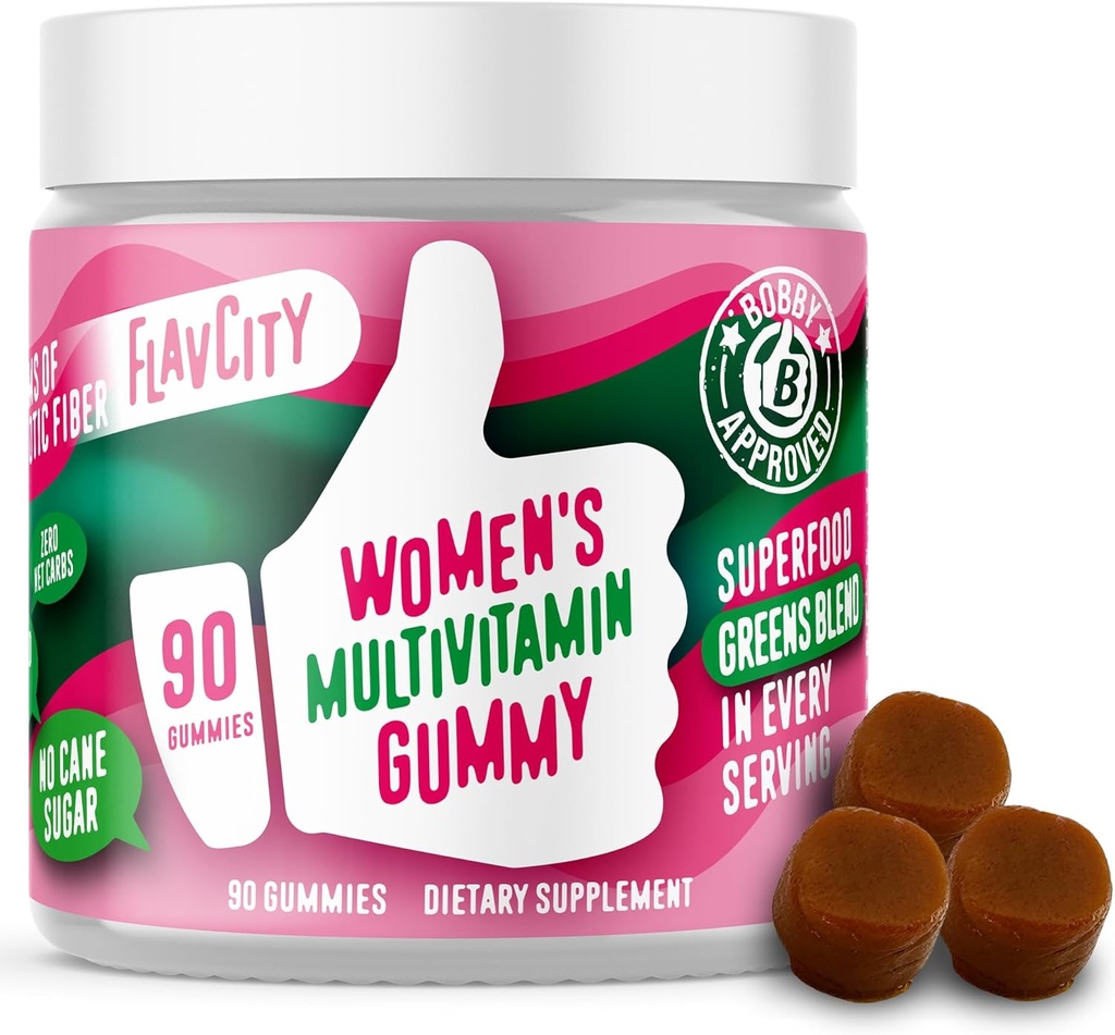 FlavCity Womens Multivitamin Gummy - Denní multivitaminové gumy pro ženy - Premium Vitamíny, Minerály a Prebiotická Vlákna - No Cane Sugar or Seed Oils - Organic Wheatgrass, Moringa & More (90 Gummies)