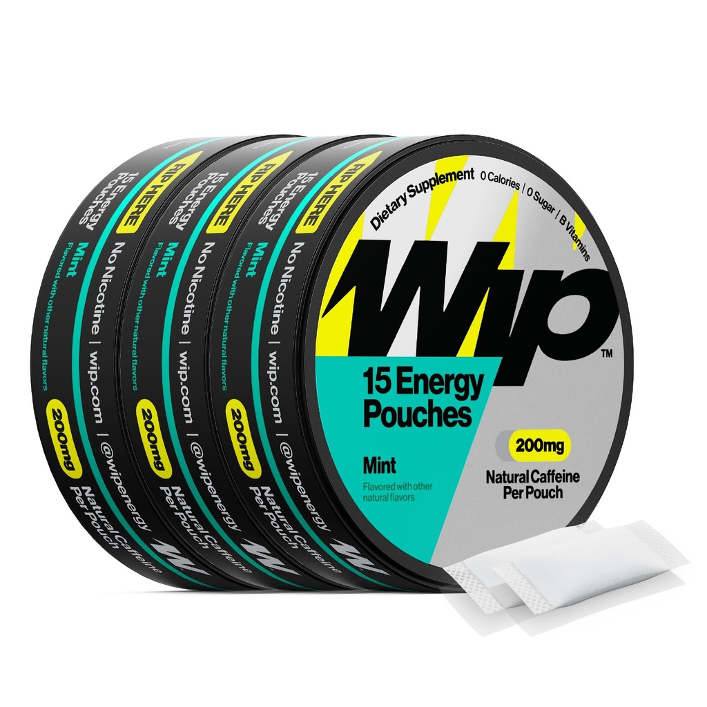Wip Energy Pouches, Sugar Free Blend s 200 MG přírodní kofein, B Vitamíny, Minerály & L Theanine pro podporu energie, Předcvičení pro aktivní Lifestyles, Mint, 3 plechovky, 15 Pouches na plechovku