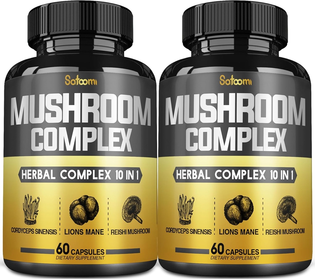 Satoomi 10in1 Houbové doplňky Komplexní kapsle - 4 Měsíční dodávky - Směs s Lions Mane, Cordyceps, Reishi, Chaga, Maitake, Shitake & Ostatní - 2 Balení 60 Kapsle