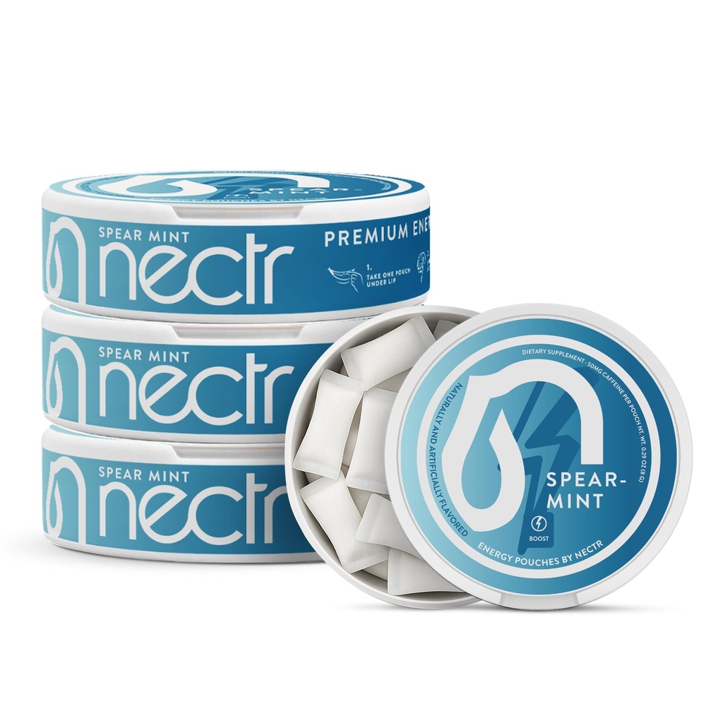 Nectr Energy 50mg Caffeine Pouches - Mátové ochucené, Sugar- Free Brain Treats. 20x Mini Nikotine-Free Pouches Per Puck. Rychlý Focus & Energy Dodatek - 4 Pack