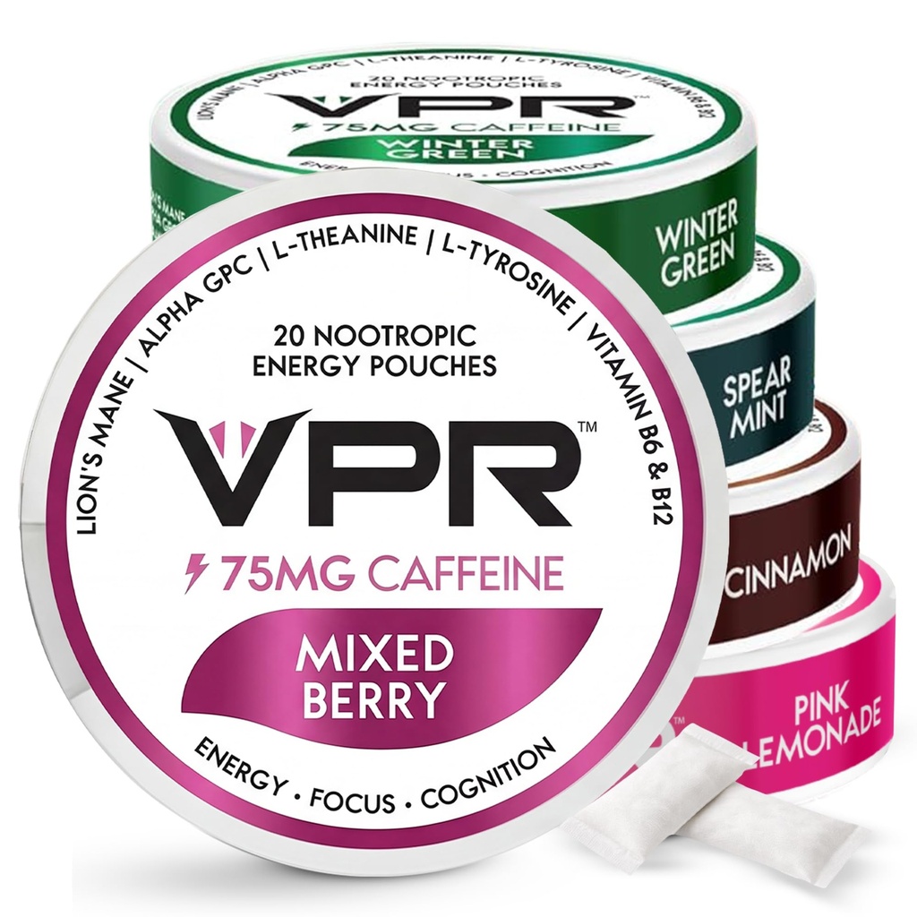 VPR 75mg Kofein Nootropní Pouches 124; 20 Count Energy Pouches with Lion 's Mane, Alpha-GPC, Vitamin B6 & B12, L-Theanine, a L-Tyrosin 124; Přirozeně ochucené Focus Pouches with No Sugar Sub 124; Variety Pack