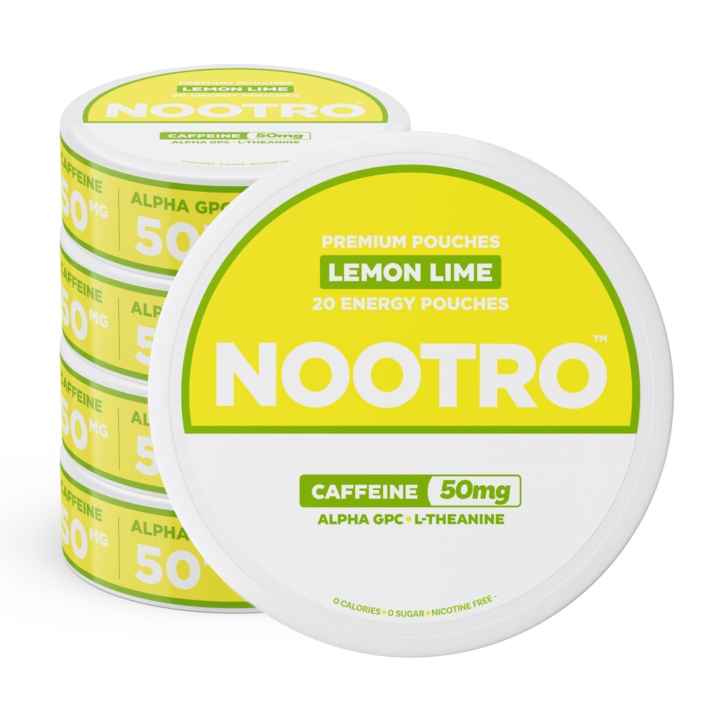 Nootro Caffeine Nootro Nootropní Pouches (Lemon Lime) - Energy Pouches with 50mg Caffeine, 50mg Alpha GPC, 50mg L- Theanine with No Sugar and no Calories - 20 Pouches Per Can - 5 Pack