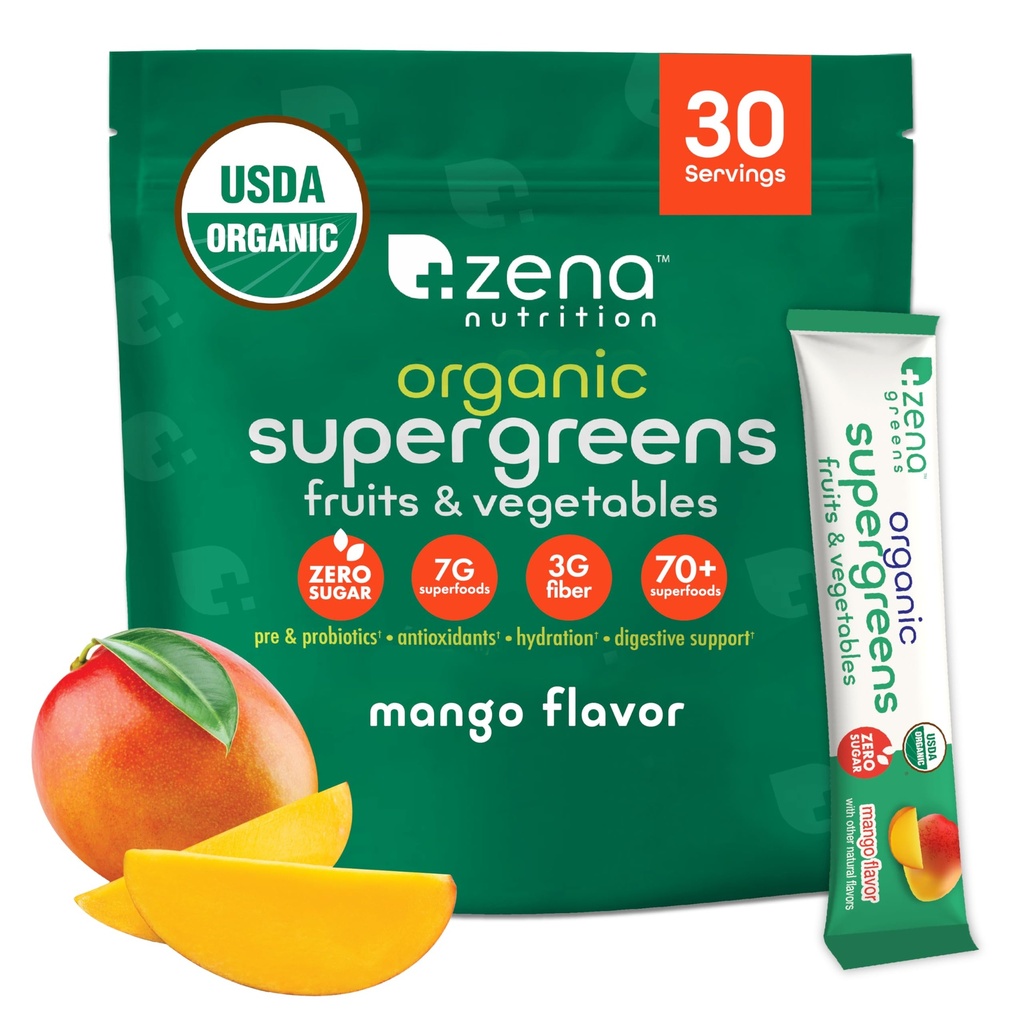 Zena Nutrition Organic Super Green Powder, 70 + Superfoods, 0 Cukr, 3G Fiber, Spirulina, Chlorella, Houby, Prebiotika / Probiotika, Digestive Enzymes for Gut Health, Mango, 30 Drink Mix Packets