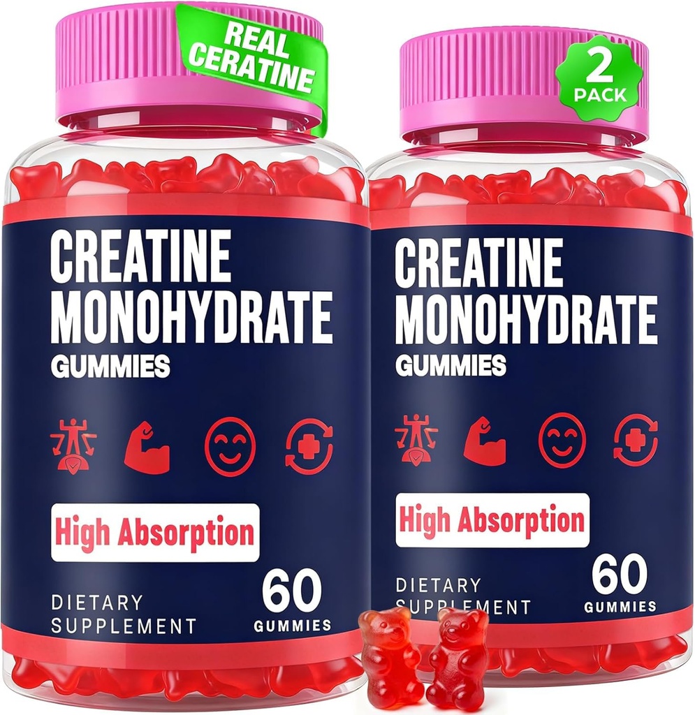 Tvorba monohydrát Gummie pro ženy a muže, Taurin & B6, Žvýkací Creatina Pre Workout Gummies pro Max Strength & Muscle Growth, Energy, Endurance, Creatine pro muže a ženy - 2 Lahve