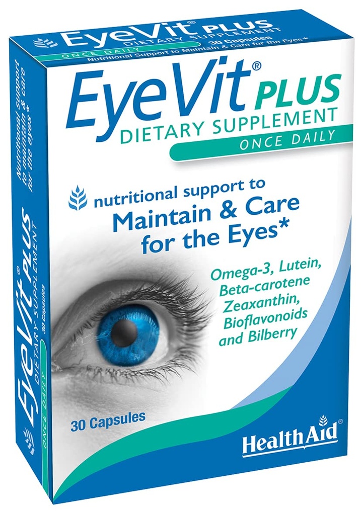 EyeVit Plus - Once- Daily Eye Health Supplementary 124; 30 Kapsle 124; Obsahuje Omega33, Lutein, Beta-Caroten, Zeaxanthin, Bioflavonoidy & Bilberry