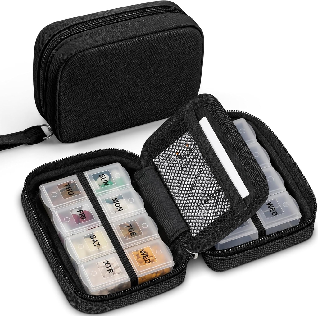 Zannaki Roztomilý Pill Organizátor pro Purse se dvěma odstranitelné 7- denní Pill Box, Cestovní PU kůže Pill Pouzdro, Přenosné týdenní Pill Kontejner se skladovacím vakem držet vitamíny, rybí oleje, doplňky (Black)