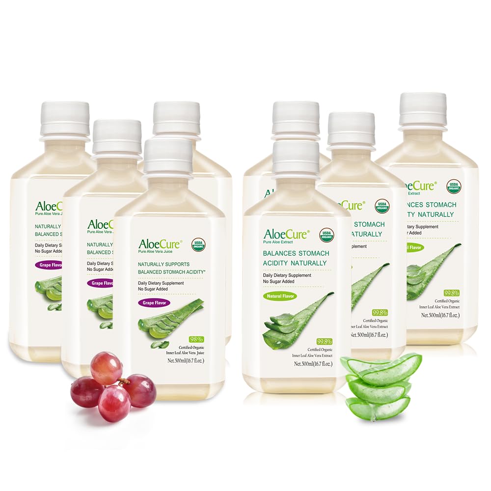 AloeCure Organic Aloe Vera Juice - 8 balení na vzorky lahví - Grape and Natural Flavor, 8x500ml