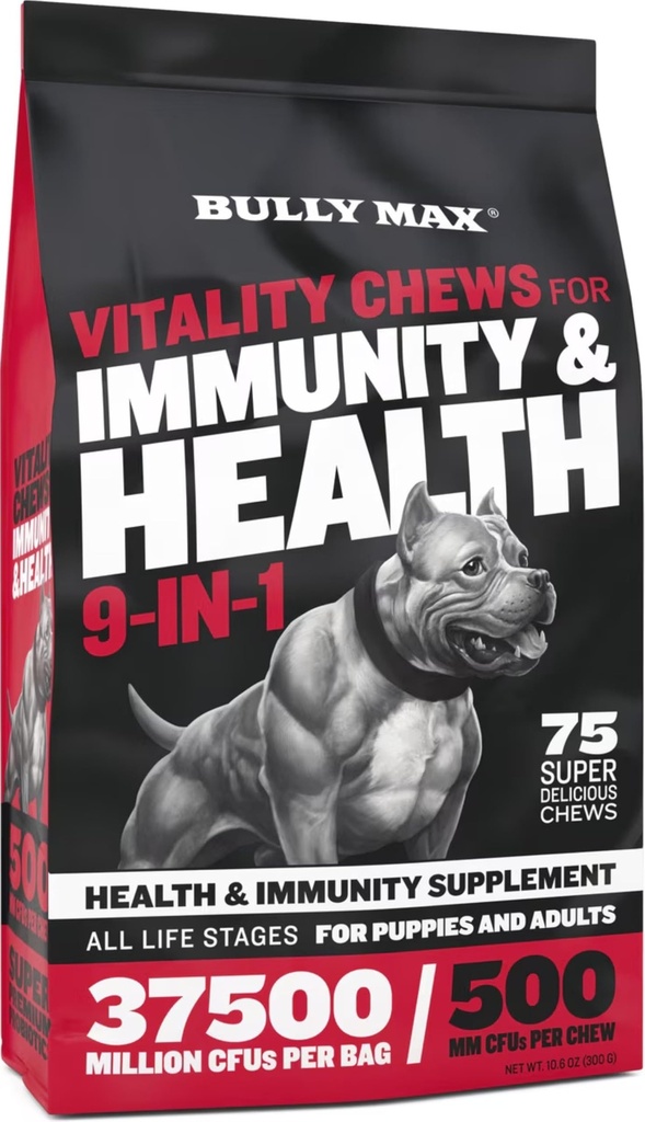 Bully Max Dog Chews & Multivitamin léčby pro štěňata a dospělé psy - 75 měkkých Chews, Dog doplňky & Vitamíny pro všechny pleti - kůže, kabát, mozek, srdce, stravitelné zdraví, imunita, společná podpora