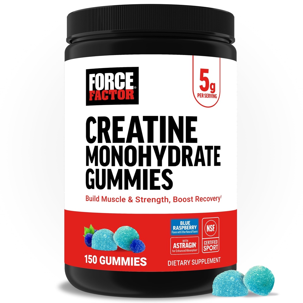 Force faktor kreatin Monohydrát Gummies, NSF Certified, 5g Dávka pro muže a ženy na podporu svalů, síla, zotavení, kognitivní zdraví a paměť, balení květen Vary, modrá Raspberry, 150 Gummies