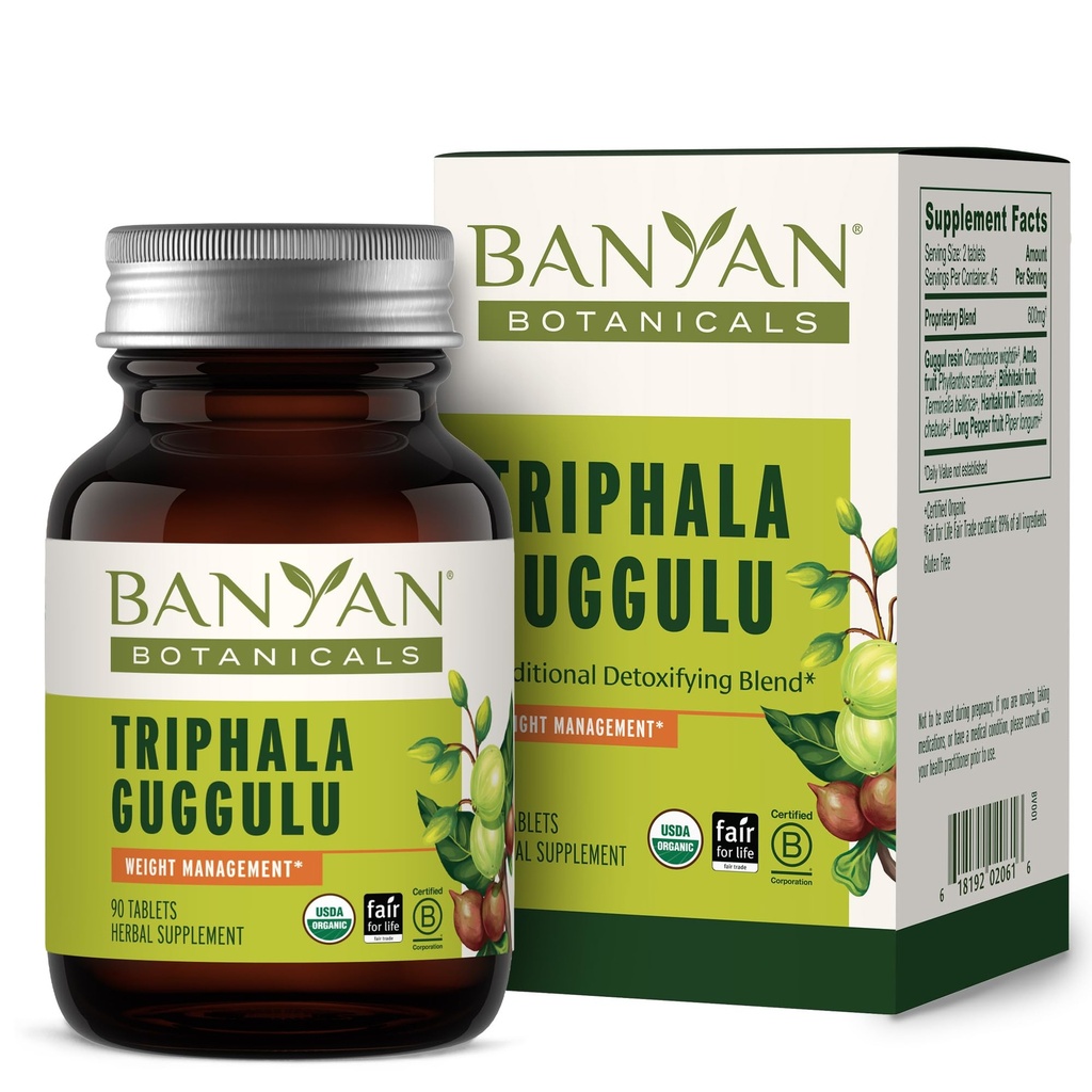 Banyan Botanicals Triphala Guggulu - Organic Triphula Supplement with Guggulu Resin Supplementary - Herbal Detox Supplementary for Supplementary Health Digestion * - 90 Tablet - Non- GMO Udržitelně Sourced Vegan