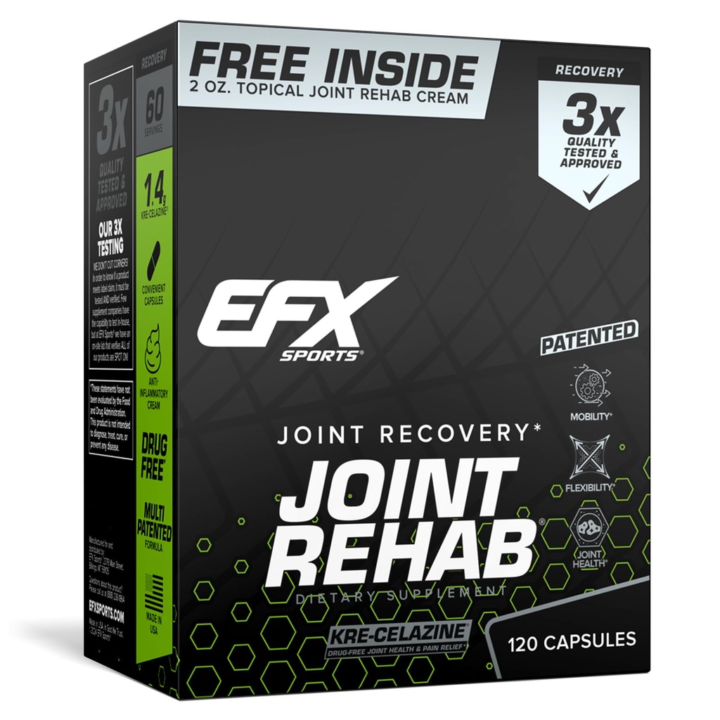 EFX Sports Joint Rehab Recovery Kit CARL 124; Powered by Kre-Celazin ® CARL 124; for Mobility & Joint Health CARL 124; 120 Capsules Kre-Alkalyn Creatine + 2 oz Topical Cream
