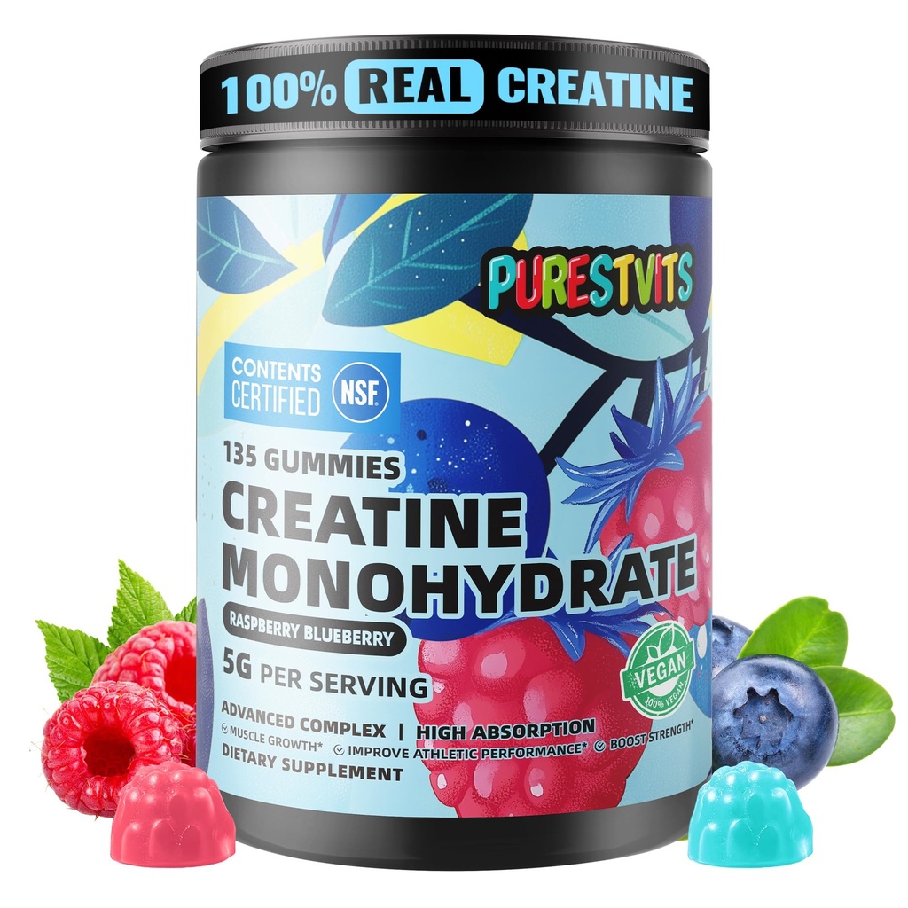 NSF Certified Creatine Gummy 5g - Creatine Monohydrát Gummies - Pre- Workout Energy & Muscle Growth Support for Men & Women 's 124; Blueberry Raspberry Electrolyte Gummies (135 Počet)