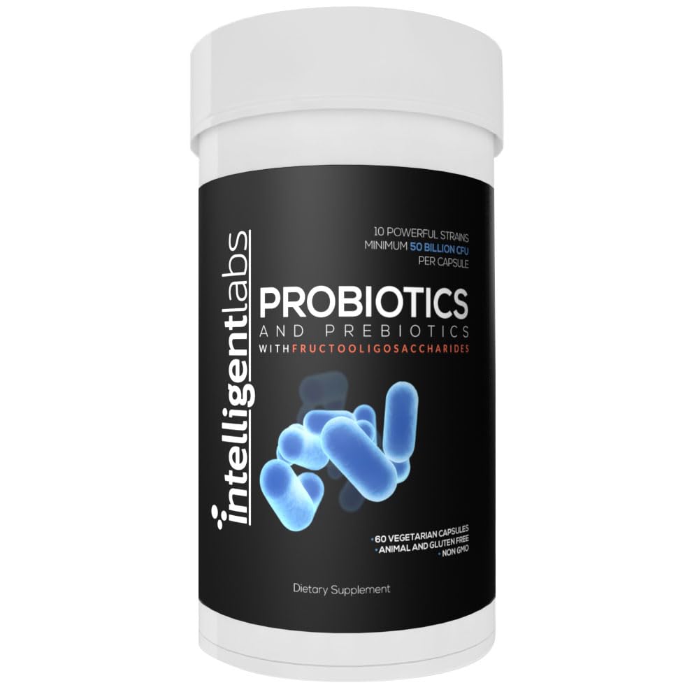 Inteligentní Labs 50 Bilion CFU Probiotic s prebiotiky, Není potřeba žádné rozptýlení, se Sunfiber a FOS pro 10x větší účinnost, 60 dní dodávky za láhev, Third- Party ověřeno pro čistotu