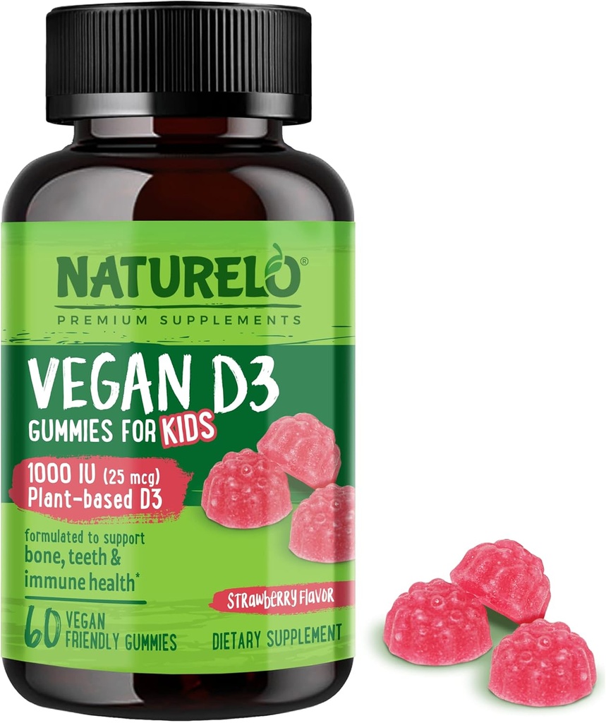 NATURELO Vegan D3 Gummies for Kids - 1000 IU vitaminu D3 - Plant- Based All Food Supplementary for Children 4 and older - 60 Vegan- Friendly Gummies