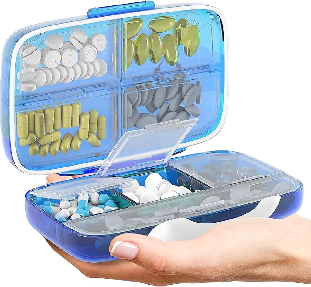 Travel Pill Organizátor - Vzduchotěsná medicína Pouzdro pro cestování Přenosné lékárny Box s etiketami Vitamin Container 8 Kompletní dodatek Držák léků Velká kapacita Denní (modrá)