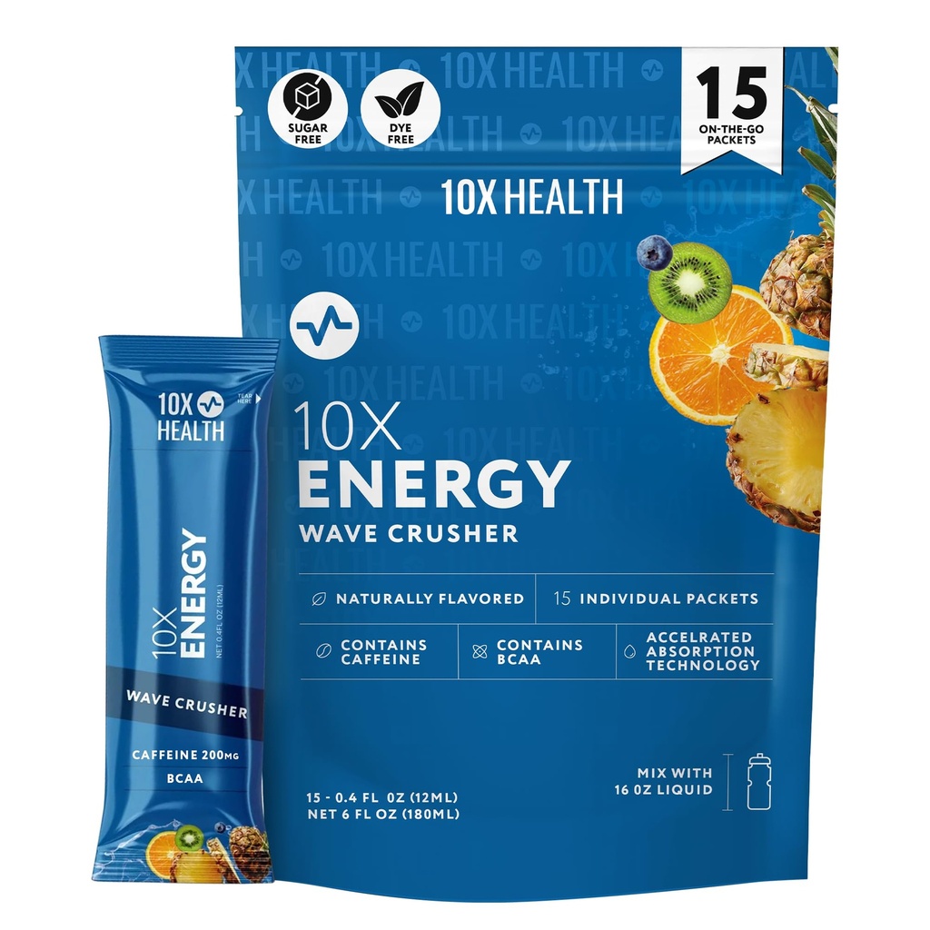 10X Zdraví - Energy Wave Crusher - Energetický nápoj s 200 mg kofeinu, BCAA, B Vitamíny, Zrychlená absorpce - Tropické Punch Pre- Workout drink - 15 Pick Mix Packets (Wave Crusher - Energy)