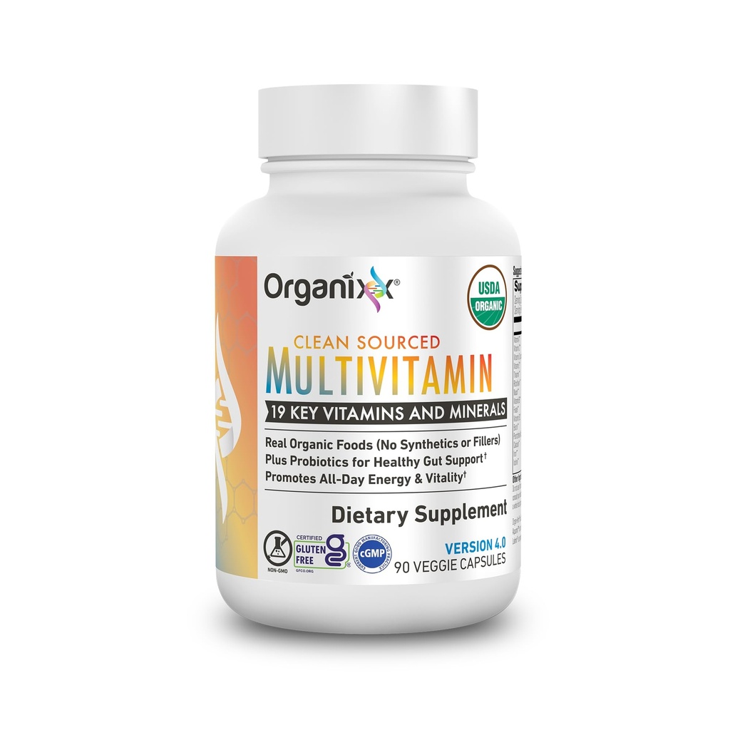 Organixx Vegan Multivitamin pro ženy a muže, s vitaminem C, D3, vitamín B komplex, probiotika, organické ovoce a zelenina, podporuje stravovací, Gut zdraví, imunitní podpora, 90 Gel kapsle