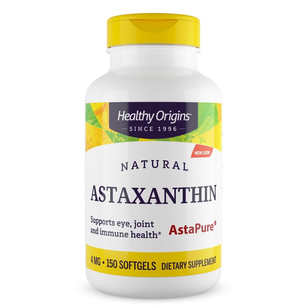 Zdravý původ Astaxanthin 4 mg (přírodní, astapure, non-GMO, gluten zdarma, Oční podpora, Společná podpora, imunitní podpora), 150 Softgels