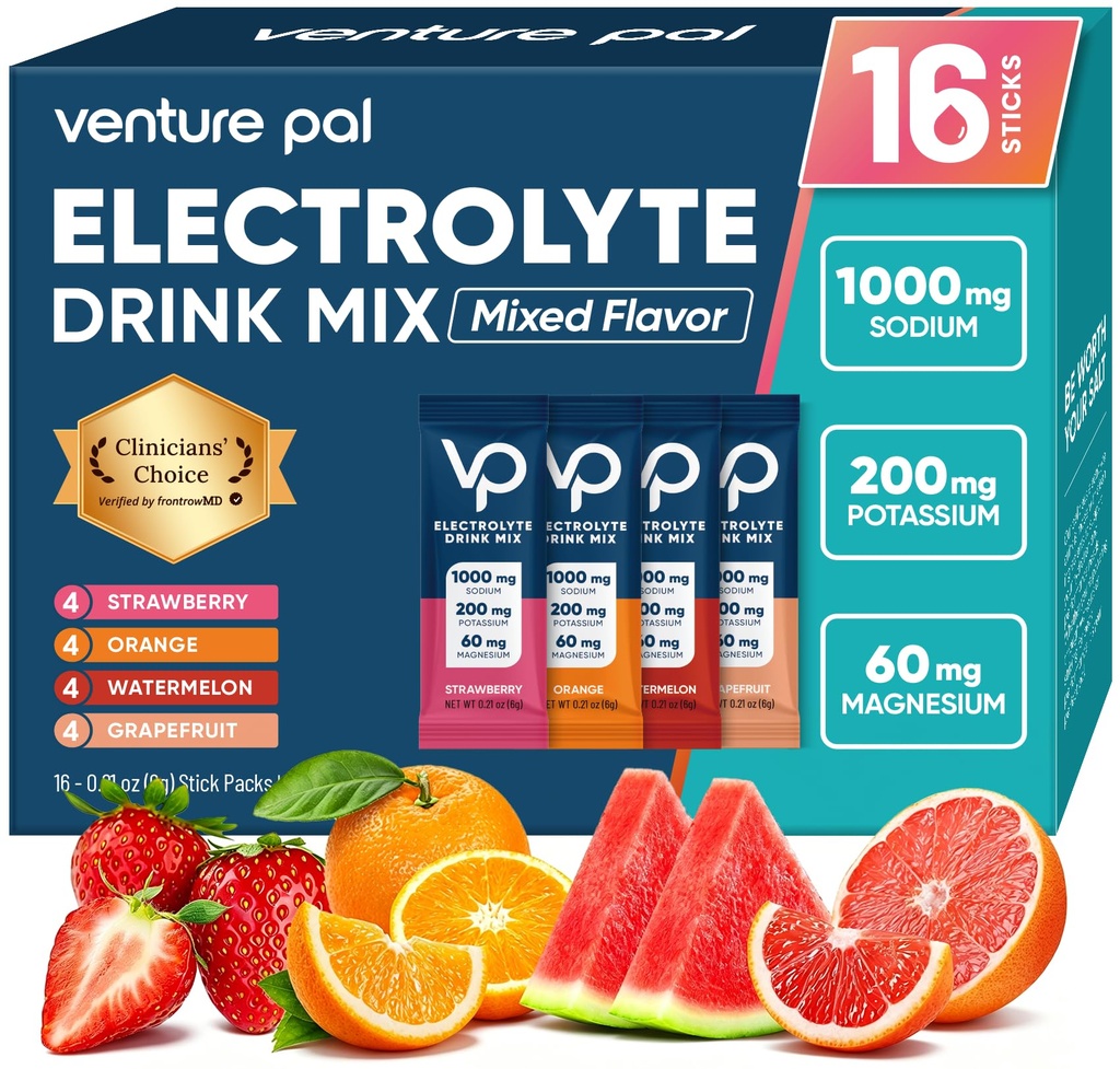 Venture Pal High Sodium Sugar Free Electrolytes Powder Packet - Hydratační balíčky s vitamínem, sodík a draslík 124; Nulová kalorie CLAS124; Vegan, Keto & Paleo Friendly Electrolyte Drink Mix - 16 Sticks
