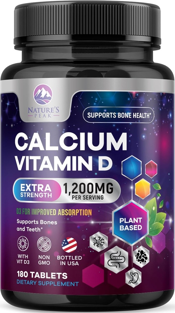 Vápník 1200 mg s vitaminem D3, Doplněk vápníku Vitaminy, Kost, Zuby & Imunitní Zdraví Podpora, Vápník doplňky s D pro ženy a muže, Příroda je Absorbovatelný uhličitan vápenatý - 180 Tablety