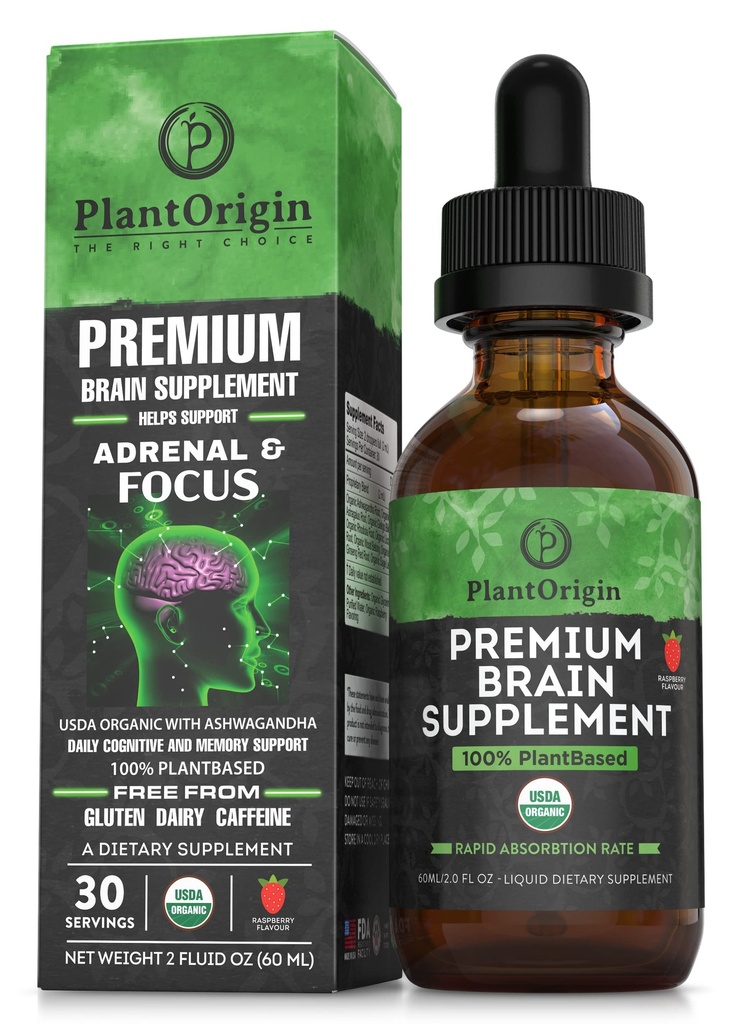 PLANTORIGIN-USDA Organic Liquid Brain Supplement - Plant- Based Nootroppic Drops for Focus, Memory & Mental Clarity - Vegan, Non-GMO, Caffeine-Free, Ashwagandha, Ginseng, Ginkgo, Rhoddiola - Made in USA