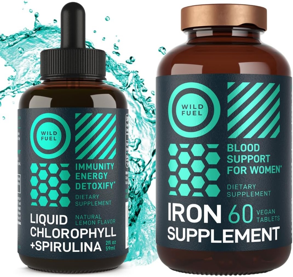 WILD FUEL železné tablety pro ženy s kyselinou listovou a tekutý chlorofyl s Spirulina ženské zdraví a Detox Bundle
