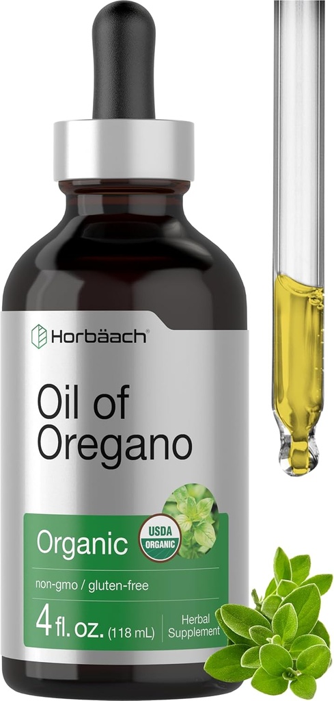 Horbäach Organic Oil of Oregano Drops 4 fl oz Liquid CLAS124; Vegan CLAS124; Non- GMO, gluten zdarma