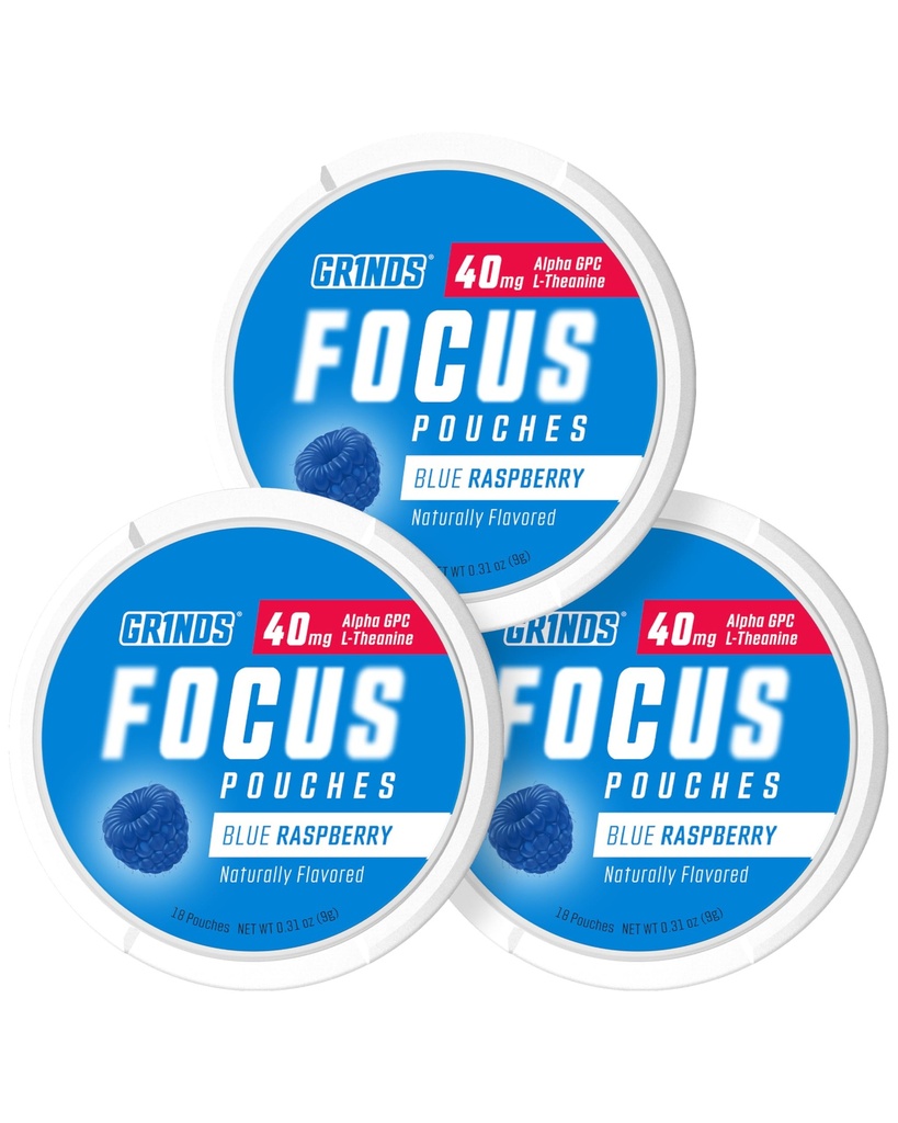 GRINDS Focus Pouches - Přirozeně ochucené nootropickými přísadami - Obsahuje Alpha GPC a L-Theanine, Sugar- Free - 3 balení, 18 Pouches Per Can - Blue Raspberry