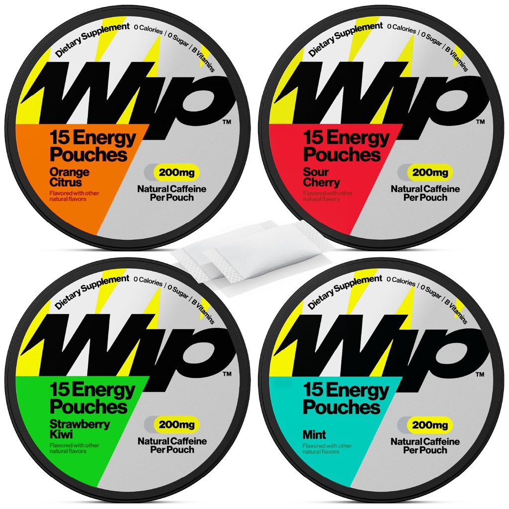 Wip Energy Pouches CLAS124; 200mg přírodní kofein CLAS124; Vitamíny a minerály CLAS124; 4 balení Tříděné: Sour Cherry, Mint, Orange Citrus, Strawberry Kiwi