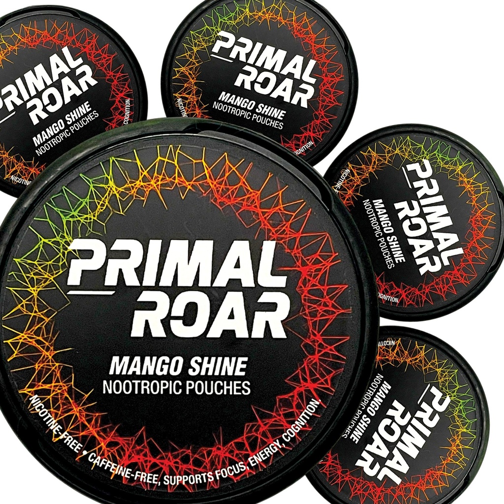 Primal Roar Mango Shine - Stimulant- Free Deep Focus Nootroppics Pouches Short124; Lion 's Mane + Cognizin Citicoline + Huperzin A Short124; Nikotin a Caffeine- Free Short124; 20 Pouches Per Can (100 Celkem v 5- Pack)