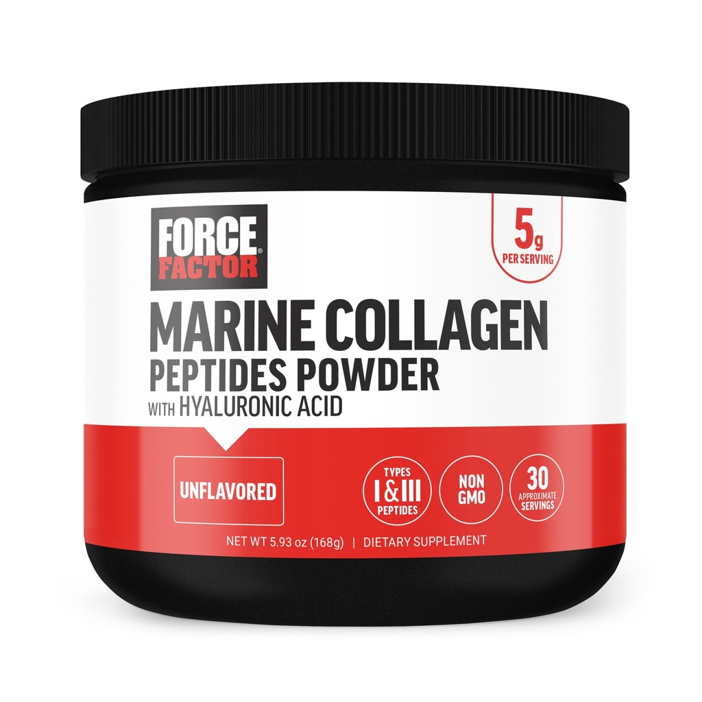 FORCE FACTOR Marine Kolagen Prášek pro ženy a muže, Marine Collagen Peptides Typ I & III s hyaluronickou kyselinou na podporu zdravé vlasy, kůže, hřebíky, kosti, a spojky, Neochucené, 30 Služební