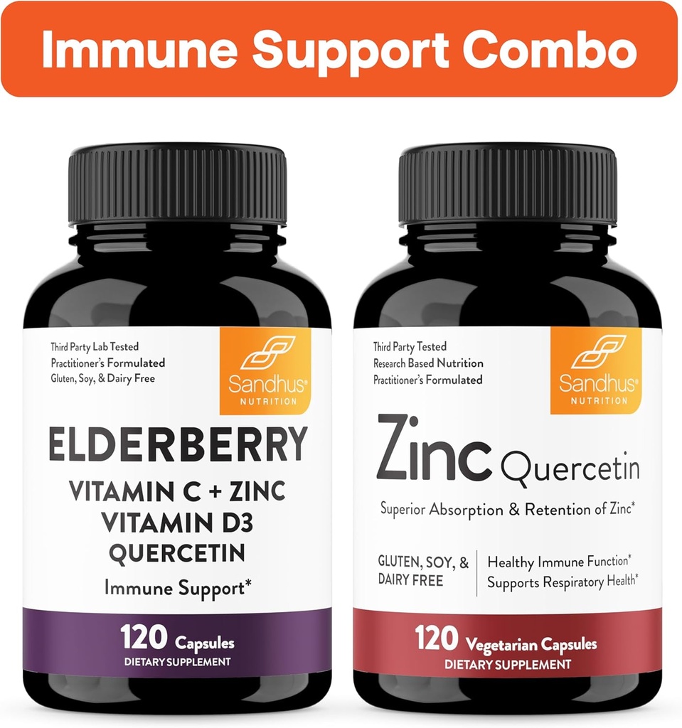 Sandhu je imunitní podpora Combo Dublin 124; Elderberry & Zinek Quercetin Kapsle Bundle Dublin 124; Podporuje imunitní zdraví