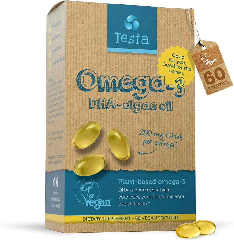 Testa Omega 3 dodatek - 250mg DHA z Řasy olej - Vegan Omega 3 - Podporuje mozek, oko a společné zdraví - Ne z ryb, čisté řasy kapsle - Dva měsíce dodávky
