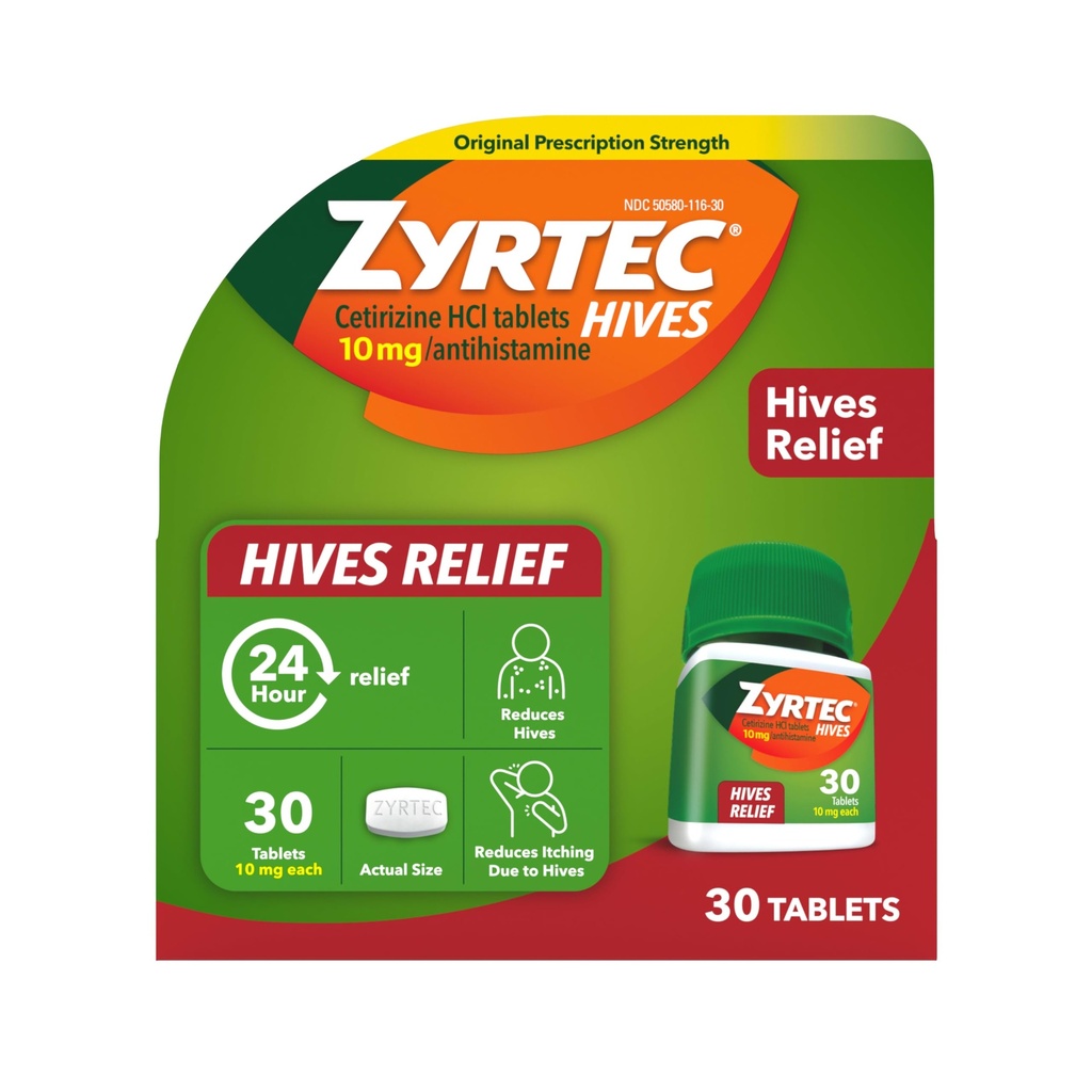 Zyrtec 24 hodin Hives Relief Tablety, 10 mg Cetirizin HCl Tablety na pomoc snížit podpatky a snížit svědění Vzhledem k Hives, Antihistamin Tablety pro Itch Relief & Léčba kopřivky, 30 ct