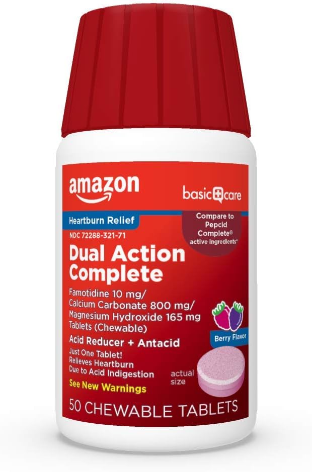 Basic Care Dual Action Kompletní, Žvýkací kyselina Reducer Plus Antacid Tablety, Berry Flavor, Heartburn Medicine, Acid Indigestion Relief, 50 Počet