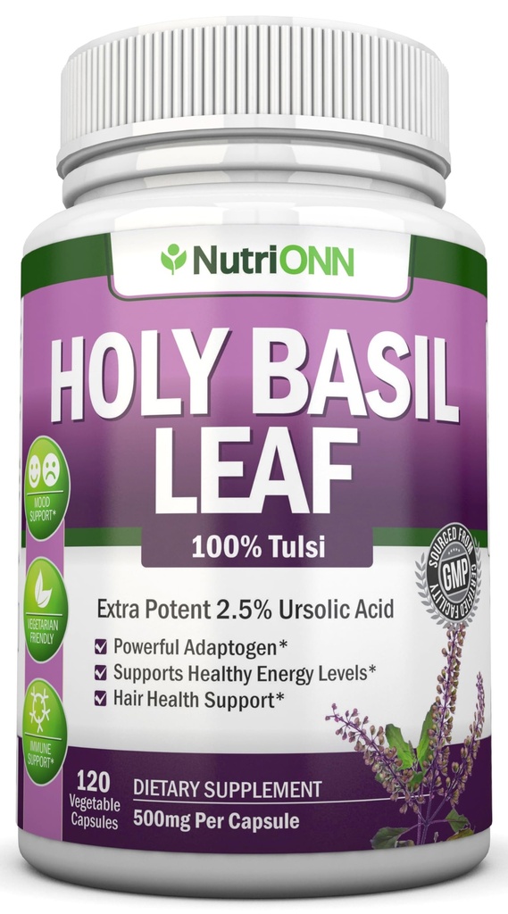 Svaté listy - 500mg - 2,5% kyselina ursolová - 120 Vegan Kapsle - Real Tulsi Extract Dodatek - Pozitivní Mindset - Adaptogenní & Ayurvedic Herb