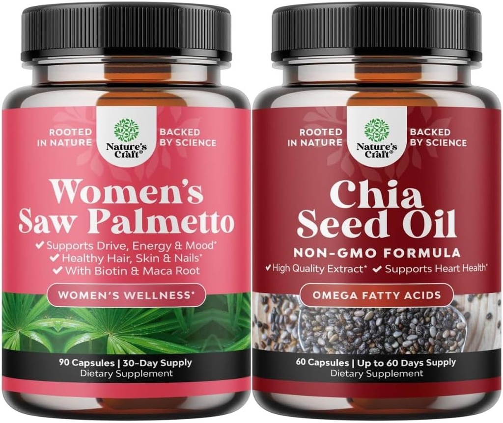 Balení extra sílu pilu Palmetto pro ženy a Chia Seed Oil Extract Kapsle - Silnější rychlejší růst vlasů Vitamíny - Omega 3 6 9 Dodatek a denní fiber kapsle