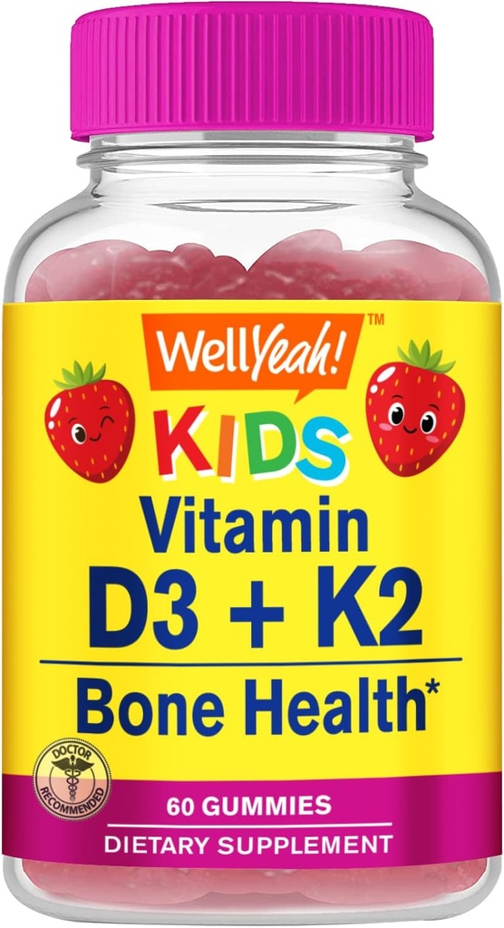 WellYeah Vitamin D3 + K2 pro děti Gummies - Vitamin D3 1000 IU, K2 100 MCG - Podpora zdraví kostí a svalů, přírodní aroma, GMO zdarma, gluten zdarma, Vegan - K2 D3 vitamin- 60 Gummies