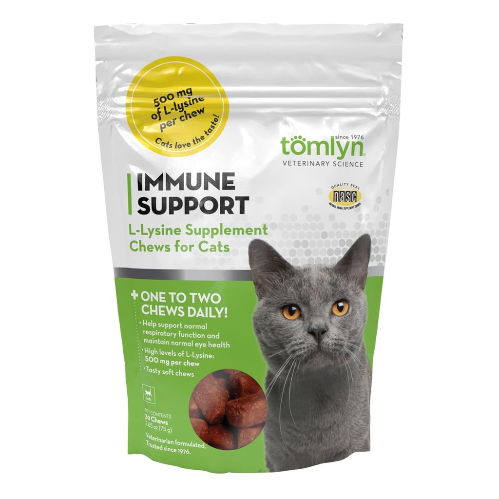 Tomlyn Imunitate Support Daily L- Lysin dodatek, Fish- ochucené lysinové žvýkání pro kočky a koťata, 30ct